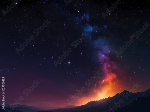 A serene and breathtaking digital artwork depicting a comet disappearing into the horizon of a vibrant, starry universe, set against a deep blue and purple gradient background that transitions