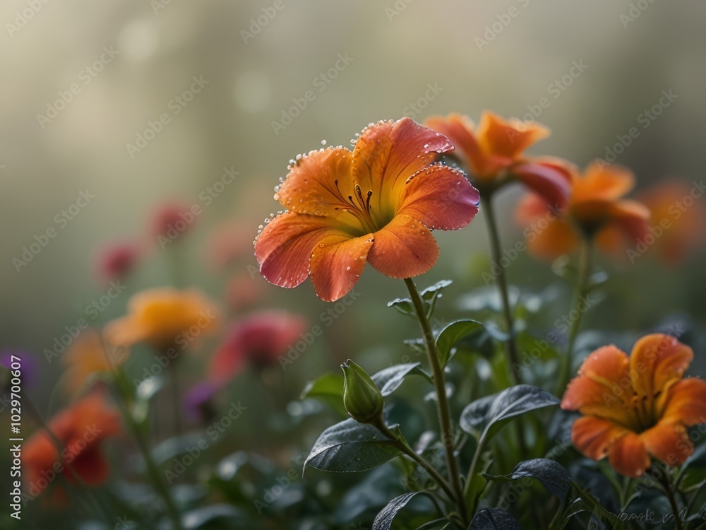 A vibrant display of orange and purple flowers bloom in a soft natural light A vibrant display of orange and purple flowers bloom in a soft natural light