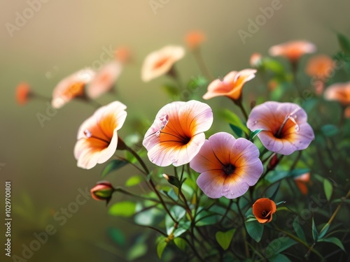 A vibrant display of orange and purple flowers bloom in a soft natural light
