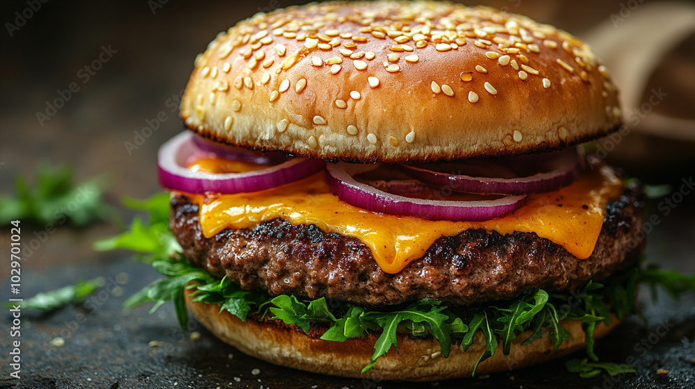 juicy burger sits on table, with vibrant toppings peeking out. The empty caption space invites creativity, symbolizing indulgence and satisfaction juicy burger sits on table, with vibrant toppings peeking out. The empty caption space invites creativity, symbolizing indulgence and satisfaction