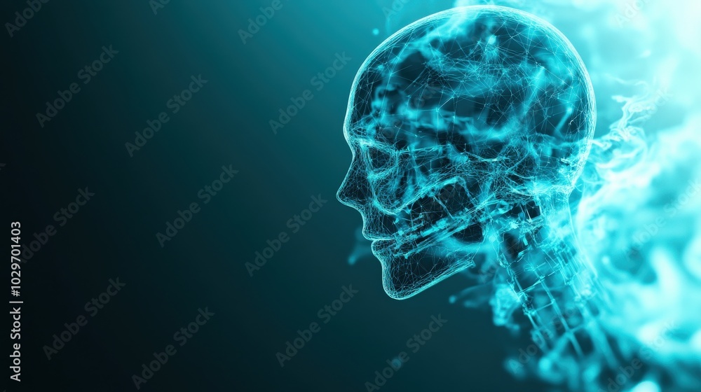 Digital representation of a human skull in vibrant blue, isolated on dark background. Digital representation of a human skull in vibrant blue, isolated on dark background.