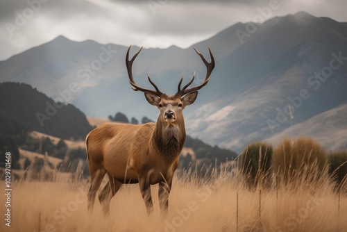 Majestic red deer stag in the grassland during rutting season