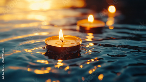 Burning candles float gently in water, casting a warm, inviting glow during Diwali. This serene scene symbolizes hope, joy, and the triumph of light over darkness, capturing the festive spirit of the  photo