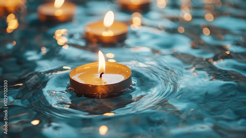 Burning candles float gently in water, casting a warm, inviting glow during Diwali. This serene scene symbolizes hope, joy, and the triumph of light over darkness, capturing the festive spirit of the 