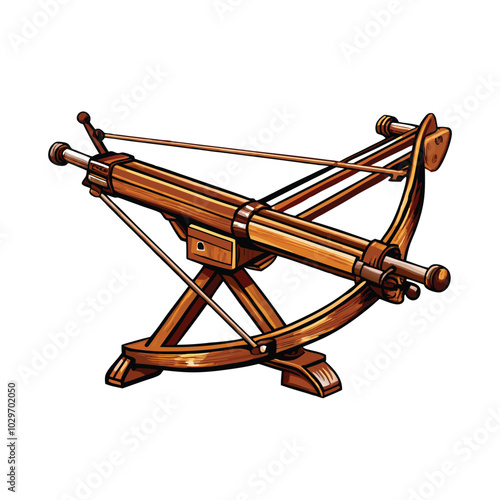 Illustration of a large wooden crossbow with a string and arrow.