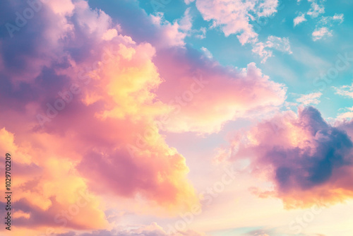 Colorful sky with billowing clouds over a serene lakeside at sunset.