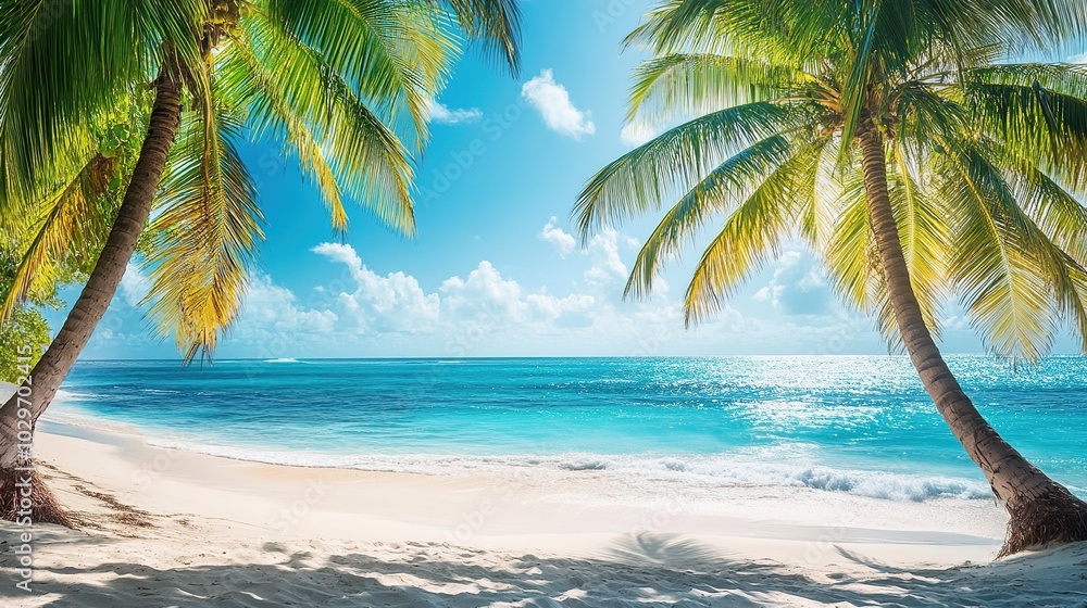 Serene Tropical Beach with Palm Trees and Azure Water Serene Tropical Beach with Palm Trees and Azure Water