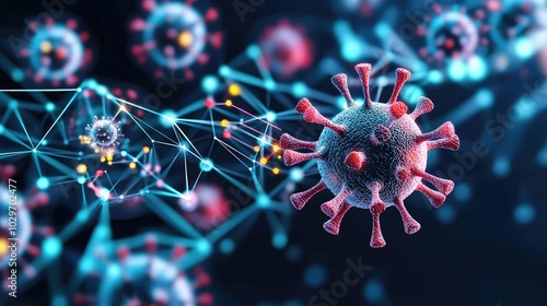 Microbial virus structure on a digital background, illustrating infection and disease.