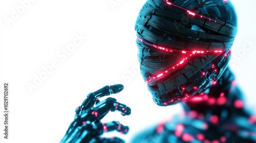 Futuristic humanoid figure with glowing light patterns on white isolate background.