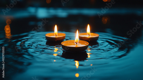 Burning candles float gently in water, casting a warm, inviting glow during Diwali. This serene scene symbolizes hope, joy, and the triumph of light over darkness, capturing the festive spirit of the  photo