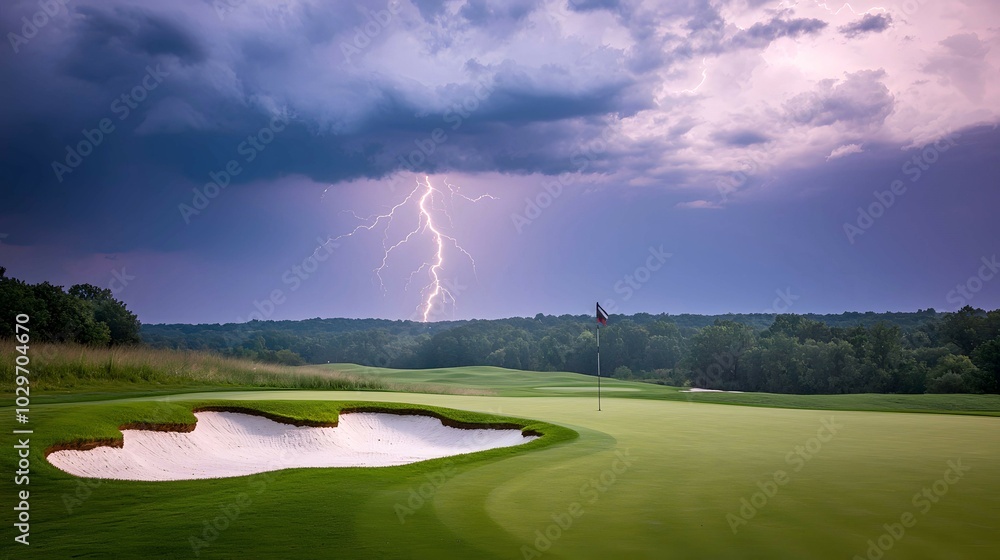 A dramatic golf course scene with a stormy sky and lightning striking in the distance. A dramatic golf course scene with a stormy sky and lightning striking in the distance.