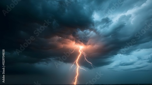 A dramatic lightning bolt strikes amid dark, swirling storm clouds, creating a striking contrast between light and shadow in the turbulent sky.