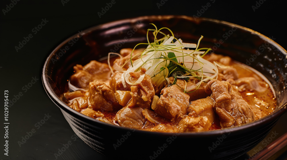 Delicious bowl of savory meat stew with tender pieces of meat, garnished with fresh green onions, served in dark bowl, perfect for comforting meal Delicious bowl of savory meat stew with tender pieces of meat, garnished with fresh green onions, served in dark bowl, perfect for comforting meal
