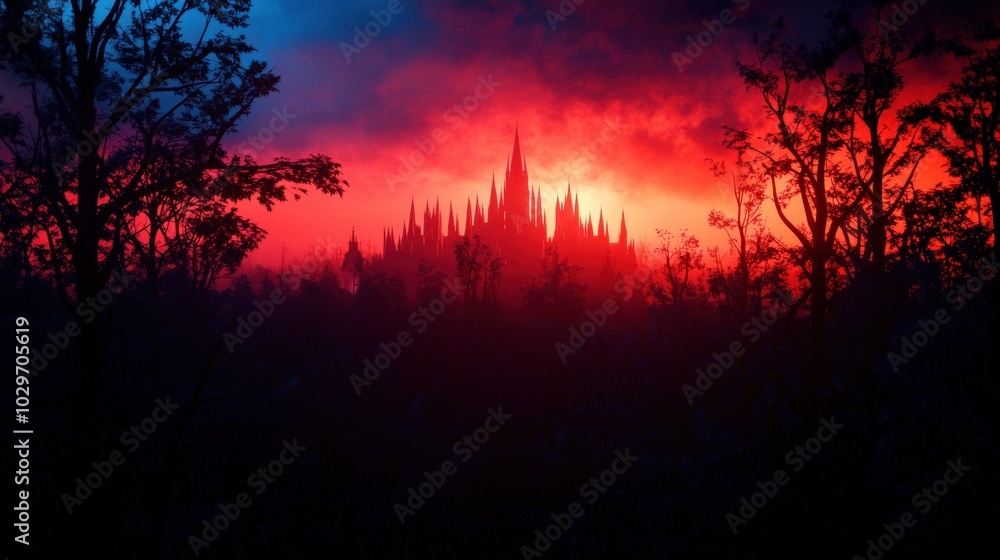 Mysterious silhouette of a castle against a dramatic sunset sky. Mysterious silhouette of a castle against a dramatic sunset sky.