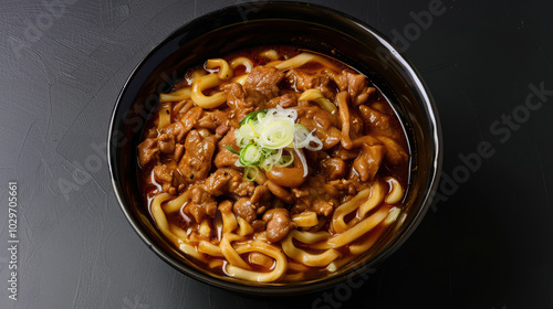 Wallpaper Mural Delicious bowl of noodles with tender meat, garnished with green onions, showcasing rich, savory sauce that invites satisfying dining experience Torontodigital.ca