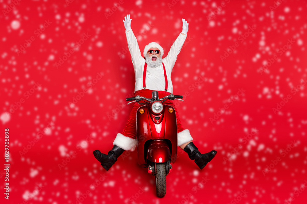 Portrait of his he nice attractive carefree crazy bearded cheerful cheery funny funky Santa riding bike delivering orders having fun isolated over bright vivid shine vibrant red color background Portrait of his he nice attractive carefree crazy bearded cheerful cheery funny funky Santa riding bike delivering orders having fun isolated over bright vivid shine vibrant red color background
