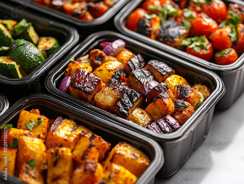 delicious grilled vegetables in black to go containers ready to eat