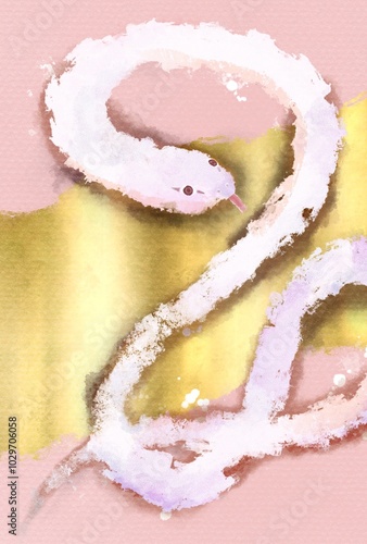 絵の具タッチの白蛇とピンク色の紙と金箔の年賀状背景イラスト