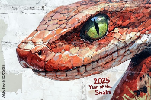2025 Chinese new year of the snake with brown scales and green eyes graffiti tagged on a white wall. Zodiac signs from China. Urban street art. Horizontal (3:2)