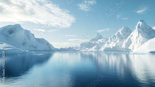 frozen arctic landscape with blue water and snowy mountains in the distance