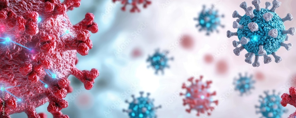 3D illustration of virus cell structure with blue and red colors on a soft background. 3D illustration of virus cell structure with blue and red colors on a soft background.