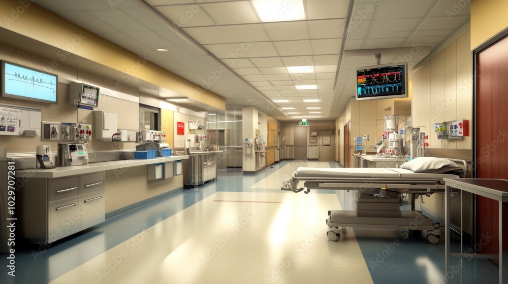 Emergency room design with modern equipment, bright lighting, and efficient layout for patient care Emergency room design with modern equipment, bright lighting, and efficient layout for patient care