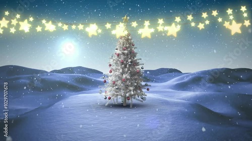 Animation of christmas fairy lights and christmas tree in winter scenery photo