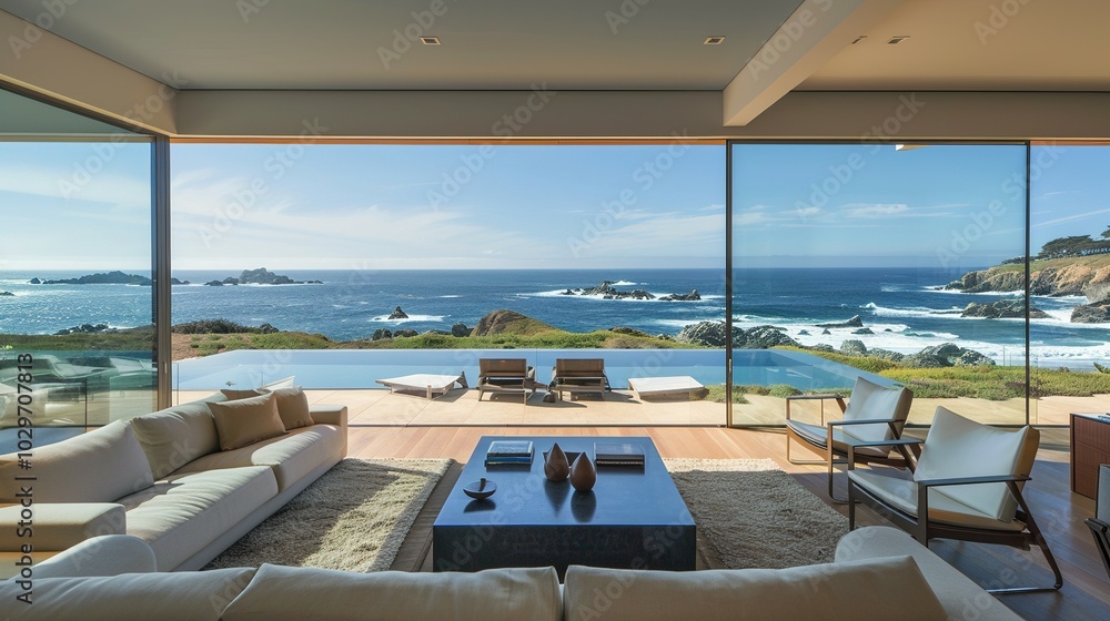 Fototapeta premium Oceanfront Luxury: Modern Beach House Living Room with Designer Furniture