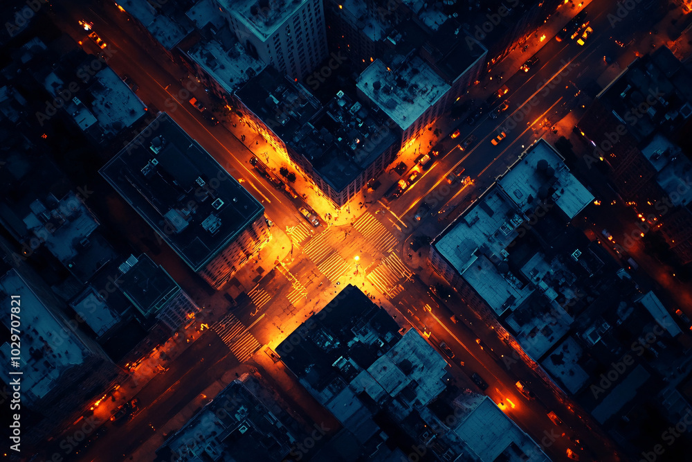 aerial view of city intersection at night with orange streetlights and dark blue buildings aerial view of city intersection at night with orange streetlights and dark blue buildings