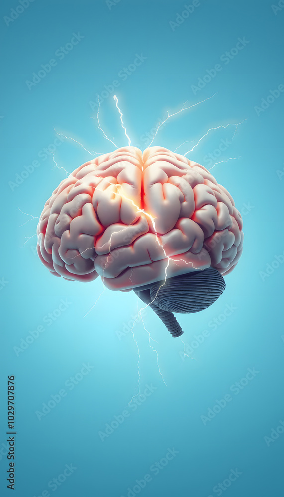 Illustration of human brain with lightning strikes on light blue background isolated with white highlights, png Illustration of human brain with lightning strikes on light blue background isolated with white highlights, png