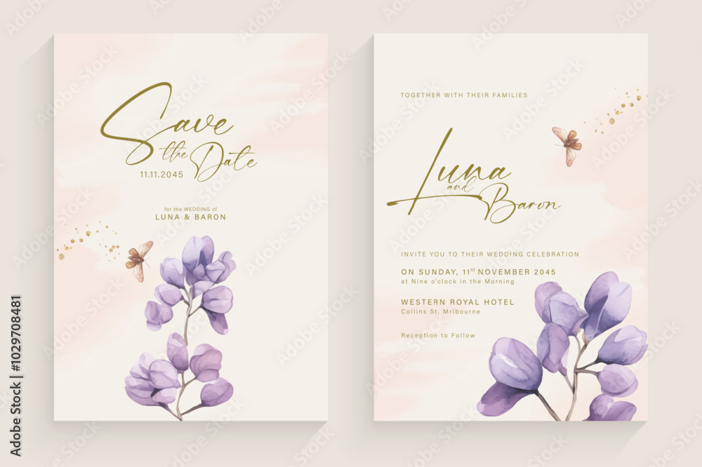 Obraz premium Aesthetic Wedding Invitation Template with Vintage Purple Flower Arrangement
