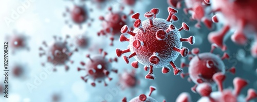 3D rendering of virus particles on a blurred background.