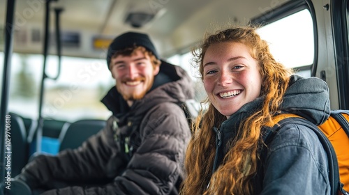 a view of the bus with twosmiling people sitting on it