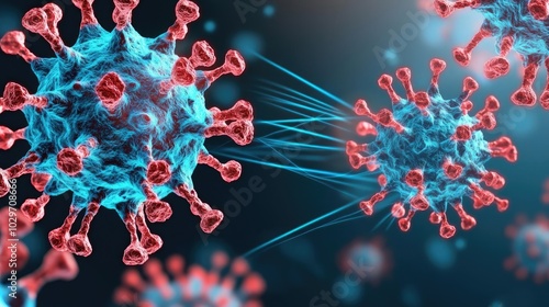 Microscopic view of a virus, detailed structure on a dark background.