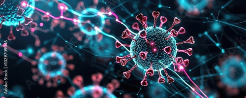 Virus structure with vibrant colors, isolated on a dark background.