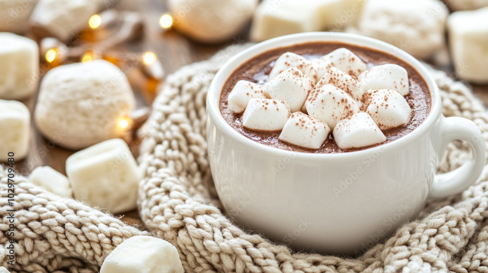 cup of hot chocolate, creating a warm, inviting atmosphere. The blurred winter backdrop enhances the feeling of comfort and relaxation during chilly days cup of hot chocolate, creating a warm, inviting atmosphere. The blurred winter backdrop enhances the feeling of comfort and relaxation during chilly days