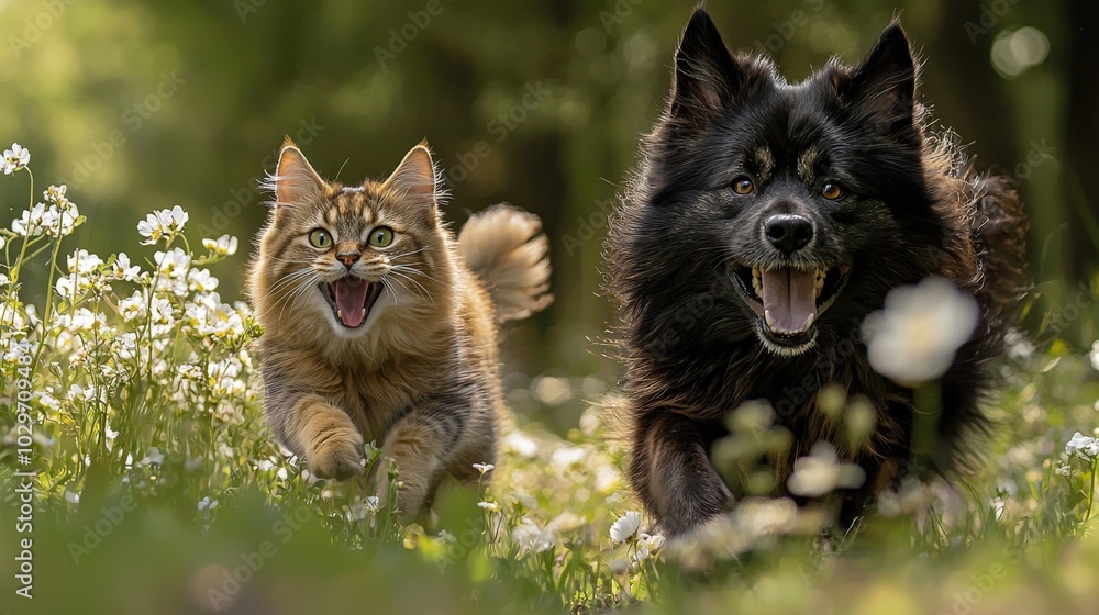 Playful Dog and Curious Cat in Nature Playful Dog and Curious Cat in Nature