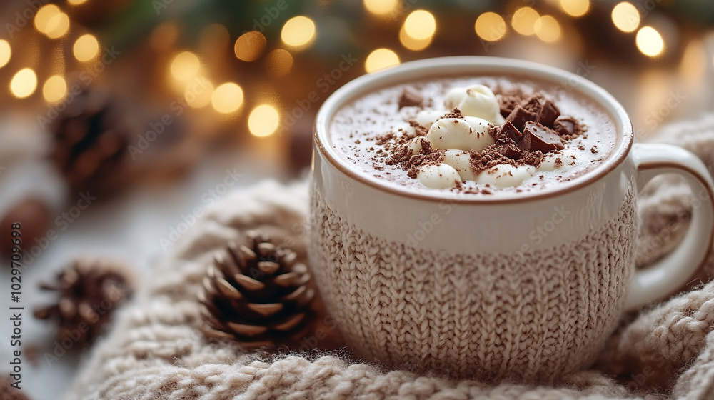 cup of hot chocolate, creating a warm, inviting atmosphere. The blurred winter backdrop enhances the feeling of comfort and relaxation during chilly days