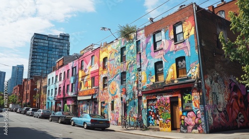 1970s urban jungle, towering steel buildings above, colorful street murals below, capturing the spirit of rebellion and creativity