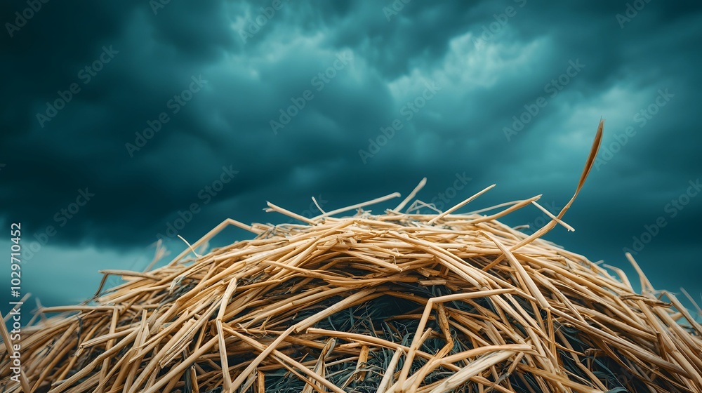 A close-up view of dry straw forming a mound against a dramatic, cloudy sky, creating a rustic and moody atmosphere. A close-up view of dry straw forming a mound against a dramatic, cloudy sky, creating a rustic and moody atmosphere.