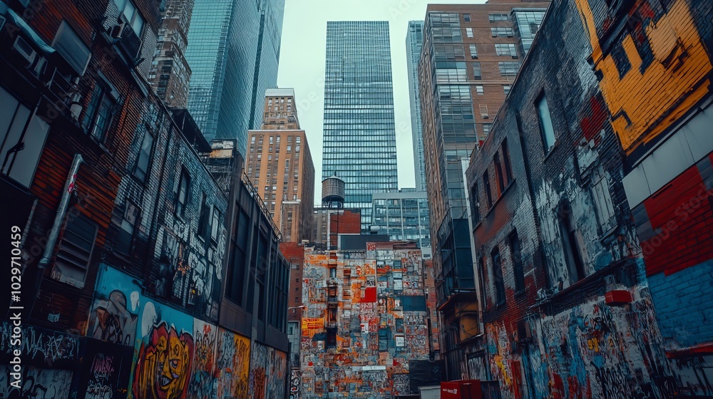 1970s retro close-up view of chaotic street art, with sleek, towering skyscrapers rising in the background, blending art with corporate dominance 1970s retro close-up view of chaotic street art, with sleek, towering skyscrapers rising in the background, blending art with corporate dominance