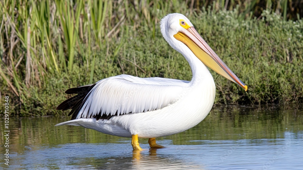 Majestic American White Pelican gliding gracefully over calm waters, showcasing its large wingspan, bright white feathers, and distinctive yellow-orange bill. The serene scene captures the elegance Majestic American White Pelican gliding gracefully over calm waters, showcasing its large wingspan, bright white feathers, and distinctive yellow-orange bill. The serene scene captures the elegance