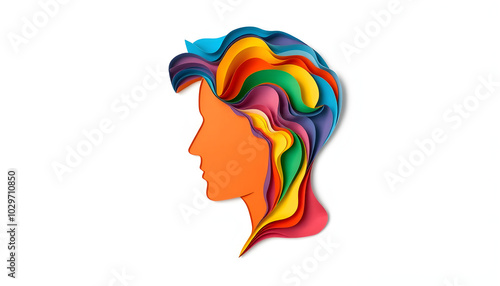 Paper cut man head illustration on isolated white background. Colorful unisex person face profile with layered 3D papercut waves for psychology therapy, creative mind or social business concept isol