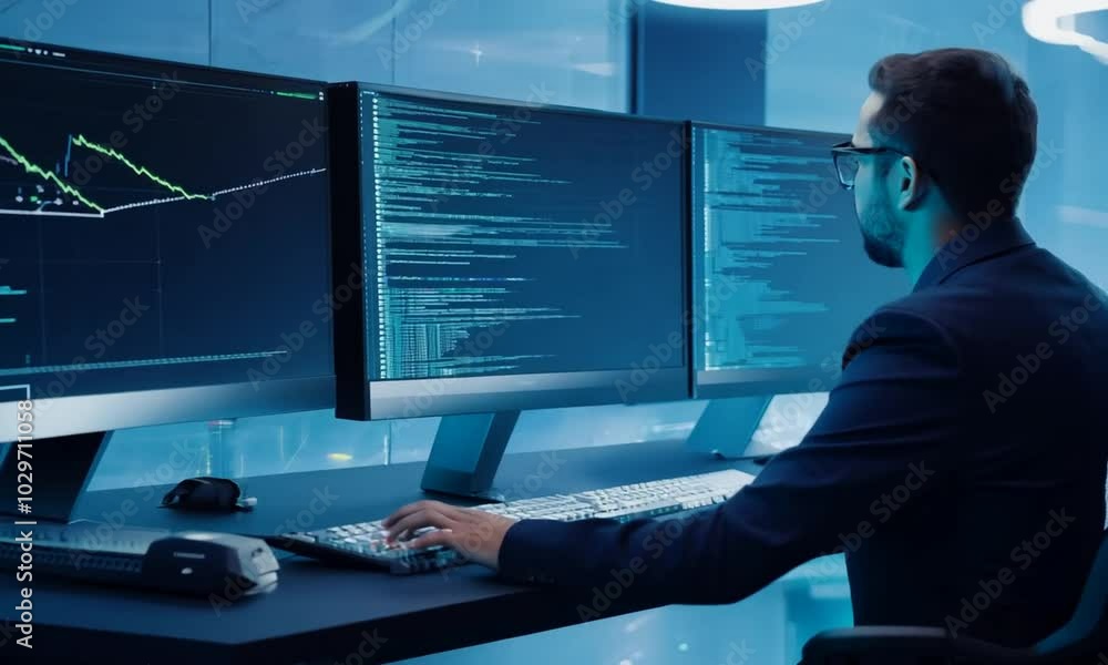Professional IT Programer Working in Data Center on Desktop Computer with Three Displays Doing Development of Software and Hardware. Displays Show Blockchain Data Network Architecture Concept Professional IT Programer Working in Data Center on Desktop Computer with Three Displays Doing Development of Software and Hardware. Displays Show Blockchain Data Network Architecture Concept