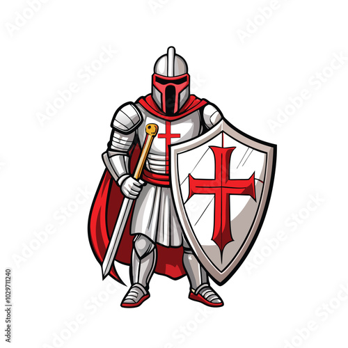 A powerful Templar Crusader,  fully armored, holding a sword and shield with a red cross.