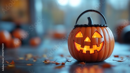 floating halloween jackolantern bucket against a clean white background striking a playful and spooky mood that evokes the excitement of trick or treat celebrations