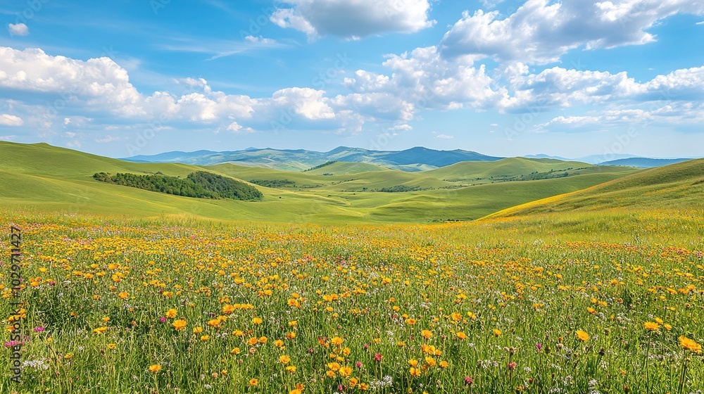 Vibrant Flower Fields Under Blue Sky Vibrant Flower Fields Under Blue Sky