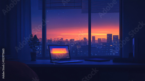 Inspired Lofi Interior: A Cozy Desk with Hip-Hop Lights and Manga Vibes Overlooking