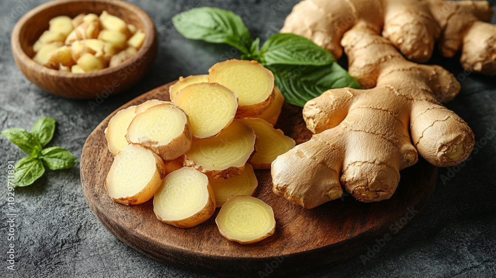 Fresh raw ginger roots on a natural wooden background, symbolizing health, wellness, and the freshness of organic ingredients. The earthy tones highlight ginger's nutritional value and natural propert