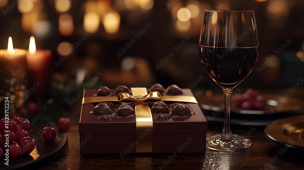 A luxury chocolate gift box with gold foil accents on deep matte burgundy, displayed on an elegant dining table with flickering candlelight and red wine glasses, Photorealistic, Warm tones A luxury chocolate gift box with gold foil accents on deep matte burgundy, displayed on an elegant dining table with flickering candlelight and red wine glasses, Photorealistic, Warm tones